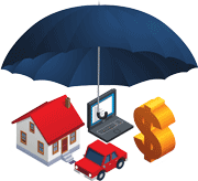 Зонтик над домом, машиной, ноутбуком, знаком доллара